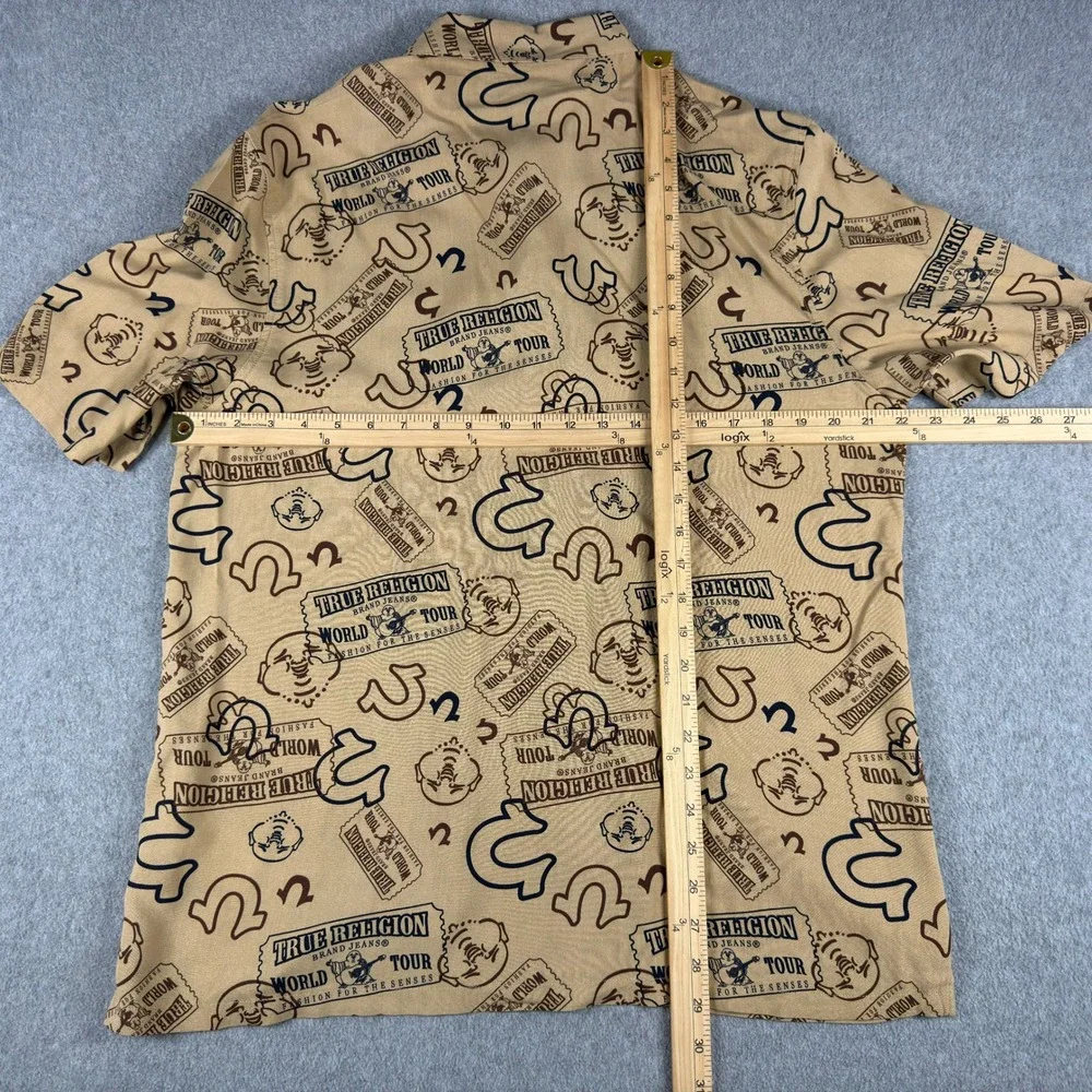 True Religion Camp Shirt Mens M Collar Resort Viscose Hawaiian Ticket AOP